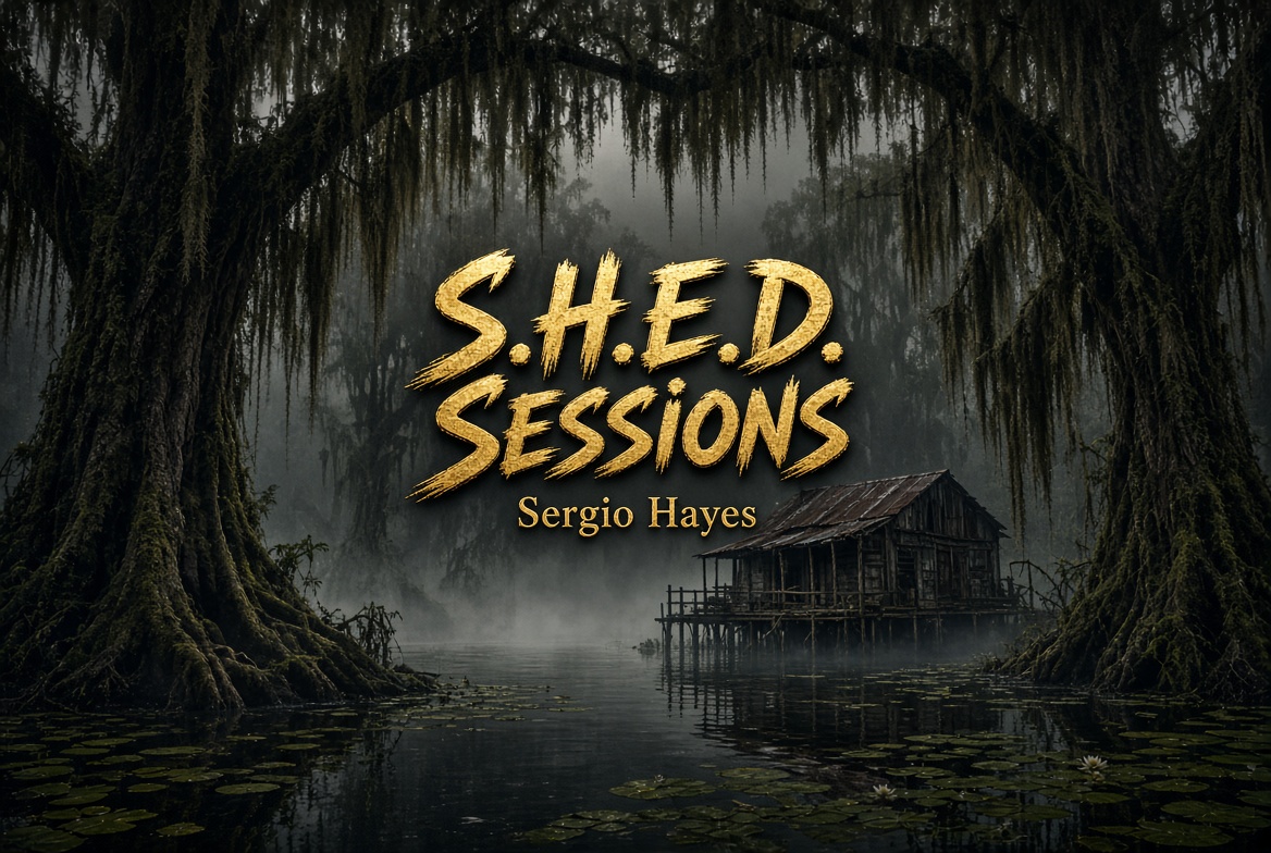 Misty bayou shed brand art with gold S.H.E.D. Sessions lettering and Sergio Hayes